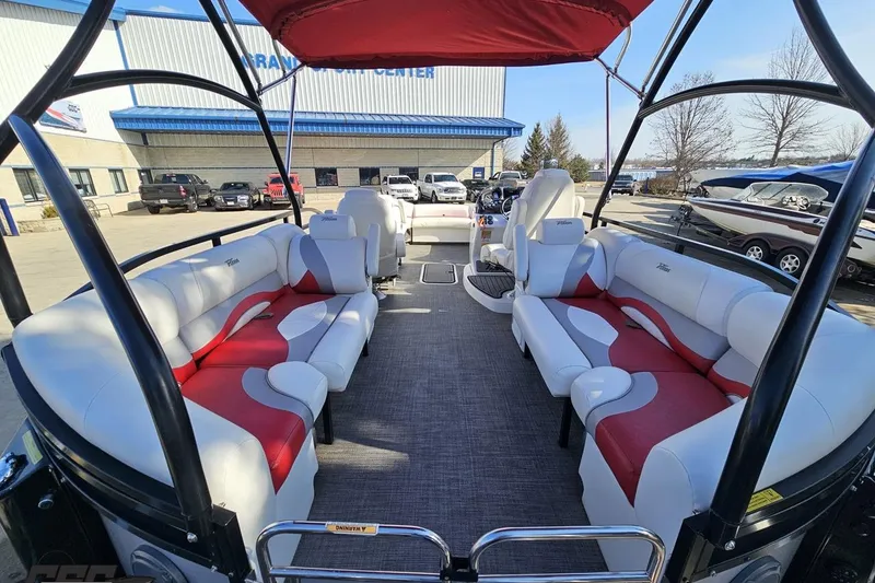 Slide: The Image of 2019 JC Tritoon Neptoon 25 Sport SL with spacious seating and red accents. - 47