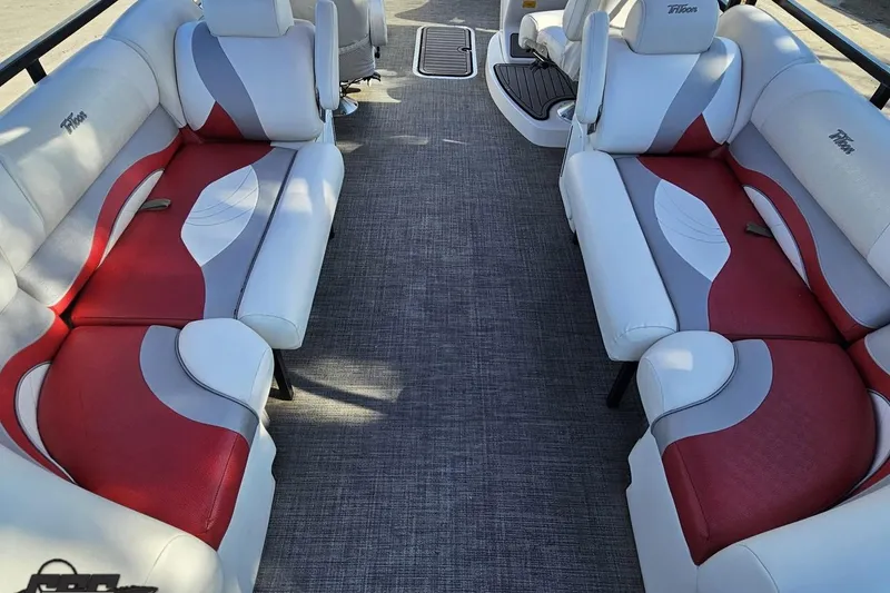 Slide: The Image of 2019 JC Tritoon Neptoon 25 Sport SL interior with red and gray seating. - 49