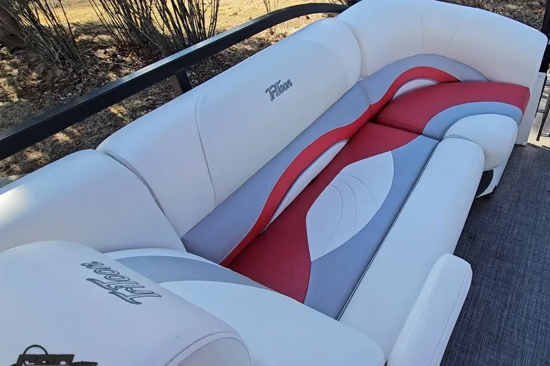 Slide: The Image of Luxurious seating on 2019 JC Tritoon Neptoon 25 Sport SL with red, white, and gray upholstery. - 89