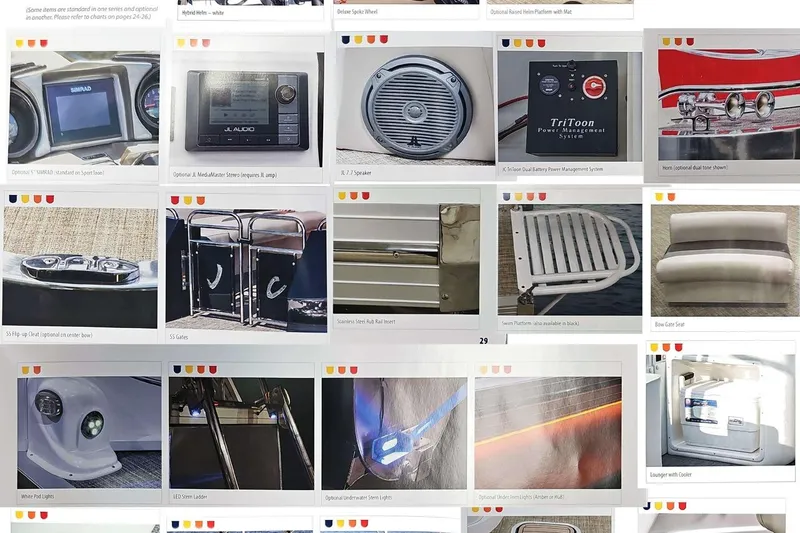 Slide: The Image of 2019 JC Tritoon Neptoon 25 Sport SL features and accessories collage. - 92