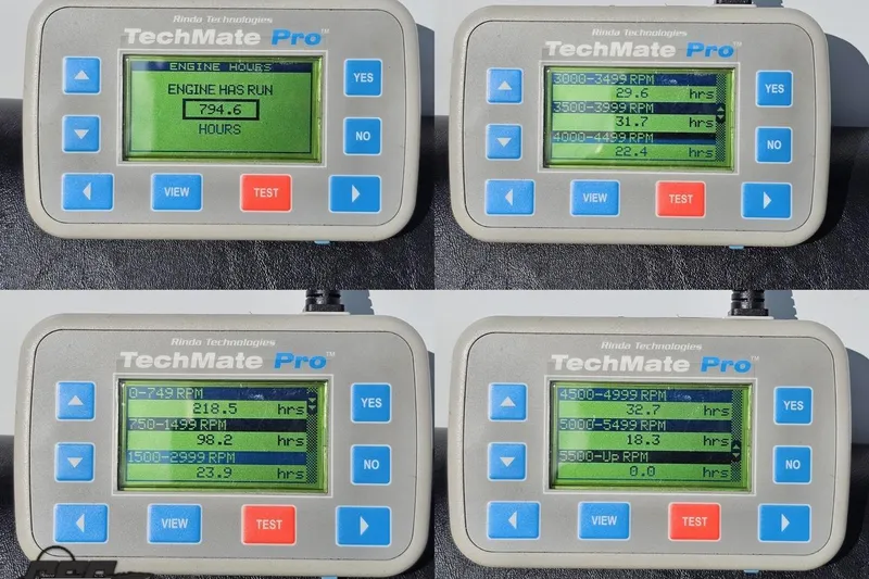 Slide: The Image of TechMate Pro engine diagnostic tool displaying RPM and engine hours for a 2005 Baja 275. - 101