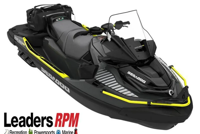 Slide: The Image of 2026 Sea-Doo Explorer Pro 170 jet ski with sleek design and vibrant accents. - 2