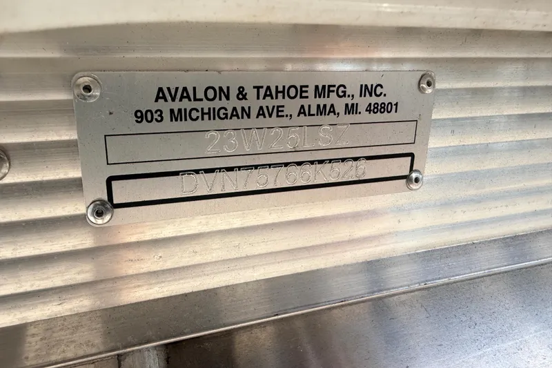 Slide: The Image of Metal identification plate on Avalon LSZ Rear Fish 24', 2026 model, by Avalon & Tahoe Mfg. - 29