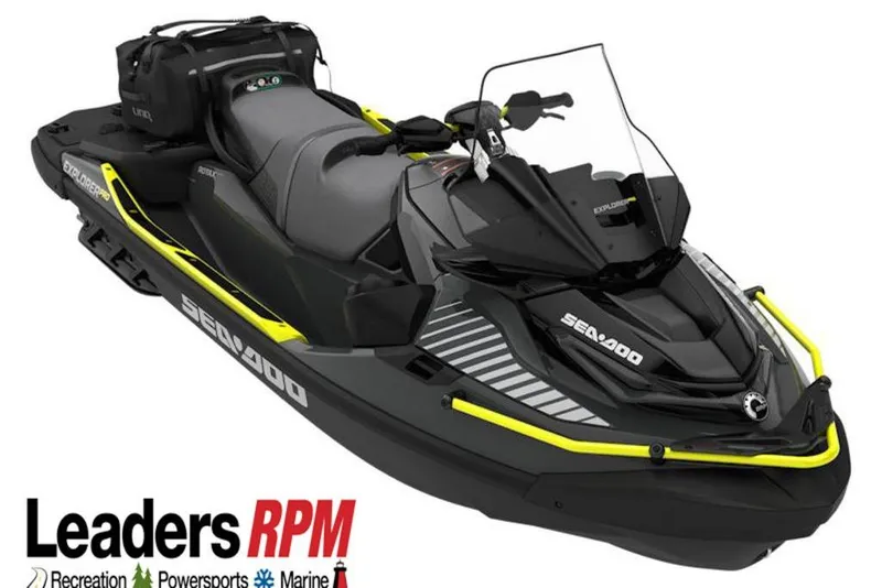 The Image of 2026 Sea-Doo Explorer Pro 170 jet ski, black with yellow accents, Leaders RPM branding. - 1
