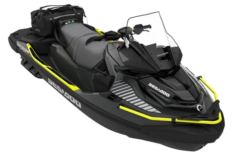 Slide: The Image of 2026 Sea-Doo Explorer Pro 170 jet ski, black with yellow accents, side view. - 27