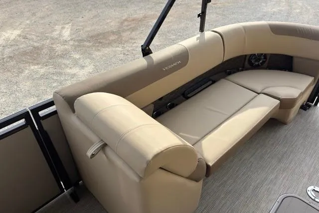 Slide: The Image of Luxurious seating on 2026 Veranda VR235F2 pontoon boat, featuring beige upholstery and modern design. - 4