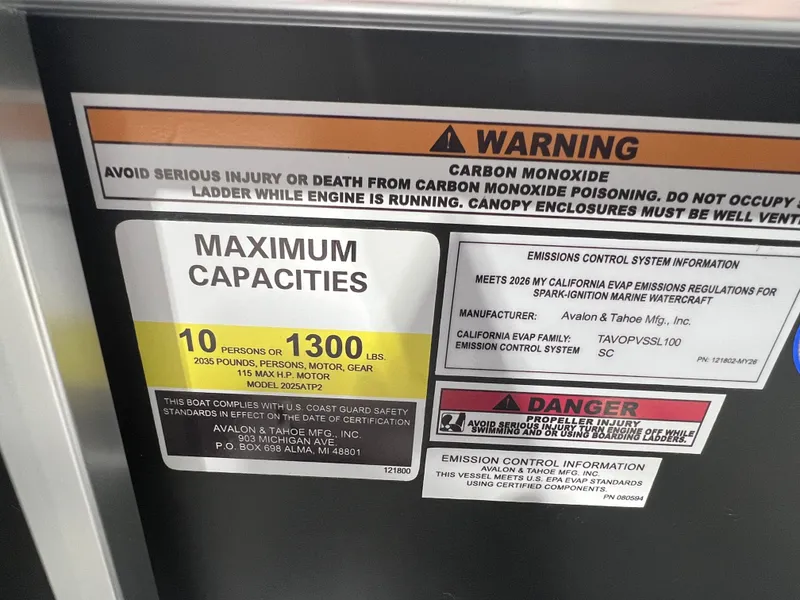 Slide: The Image of Warning label for Tahoe Sport 1985 Cruise boat, maximum capacity 10 persons. - 12