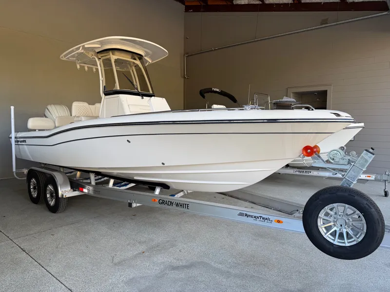 Slide: The Image of 2026 Grady-White 251 Coastal Explorer on trailer in garage. - 5