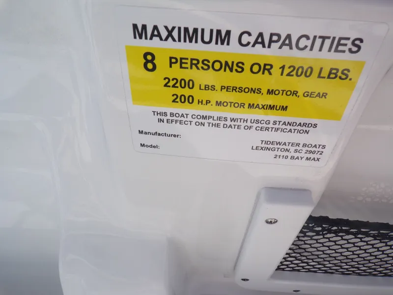 Slide: The Image of Capacity label for Tidewater 2110BMT boat, 8 persons or 1200 lbs. - 27