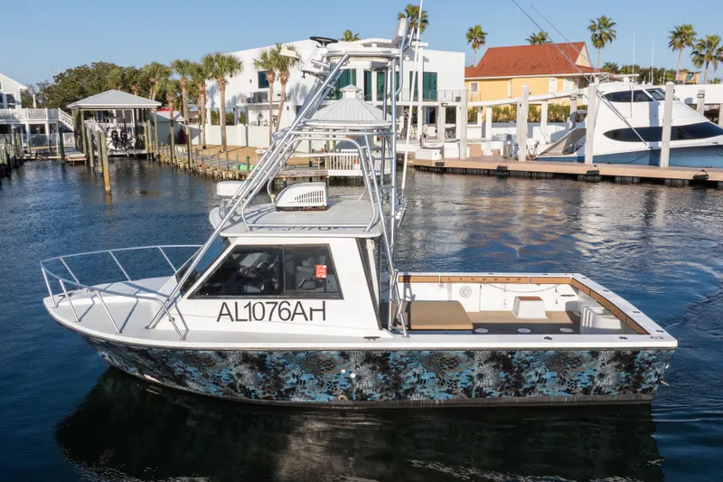 Slide: The Image of 2000 Island Hopper 30 boat docked near palm trees and waterfront buildings. - 5
