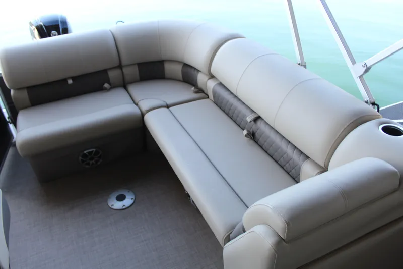 Slide: The Image of Luxurious seating on Tracker PB 20 DLX pontoon boat, 2025 model. - 14