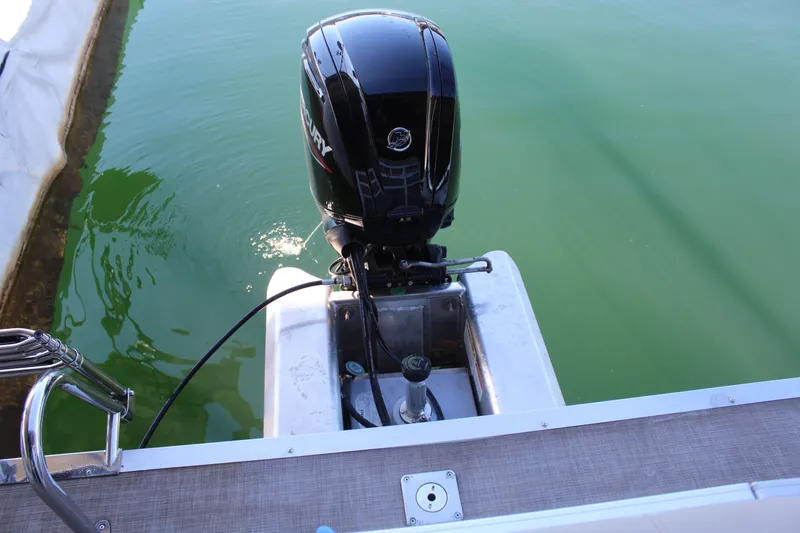 Slide: The Image of Outboard motor of a 2025 Tracker PB 20 DLX boat. - 16