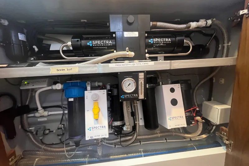 Slide: The Image of Watermaker system in Balance 526 yacht, 2022 model, featuring Spectra components and filtration setup. - 43