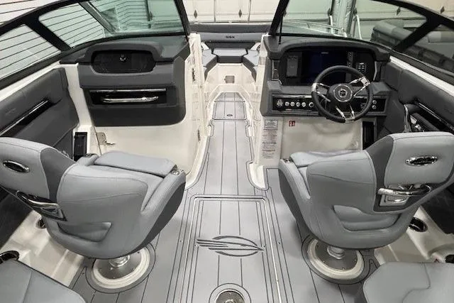 Slide: The Image of Interior of 2026 Chaparral SSX 8 boat with modern seating and dashboard. - 22