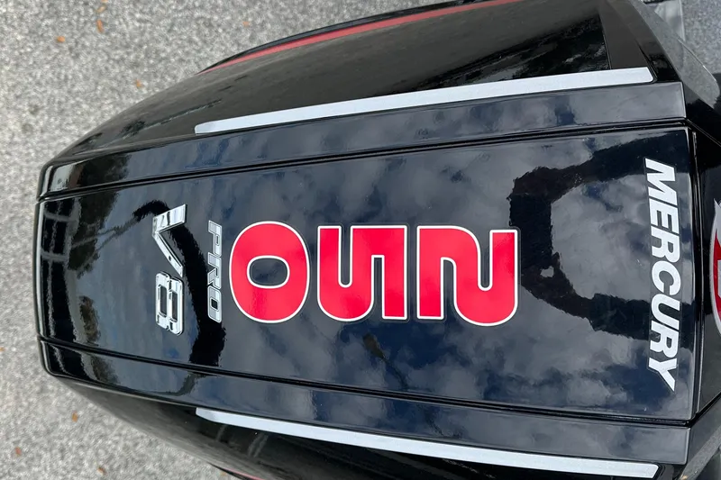 Slide: The Image of Black Mercury V8 Pro outboard engine with red lettering, 2026 Ranger ALPHA 208. - 28