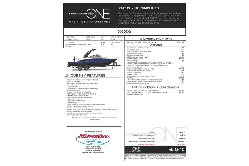 Slide: The Image of Chaparral 23 SSi 2026 boat brochure with pricing options and unique features. - 26