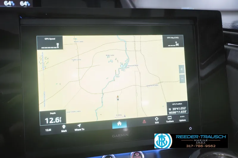 Slide: The Image of Garmin GPS display on 2026 Bennington 27 RX boat, showing navigation map and depth. - 34