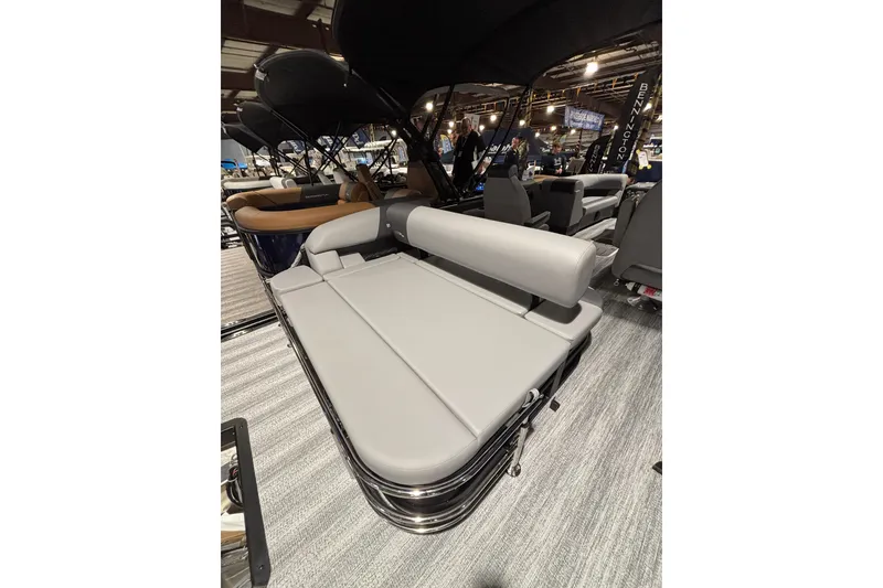 Slide: The Image of 2026 Bennington 23 SSB SF pontoon boat interior with gray seating and modern design. - 10