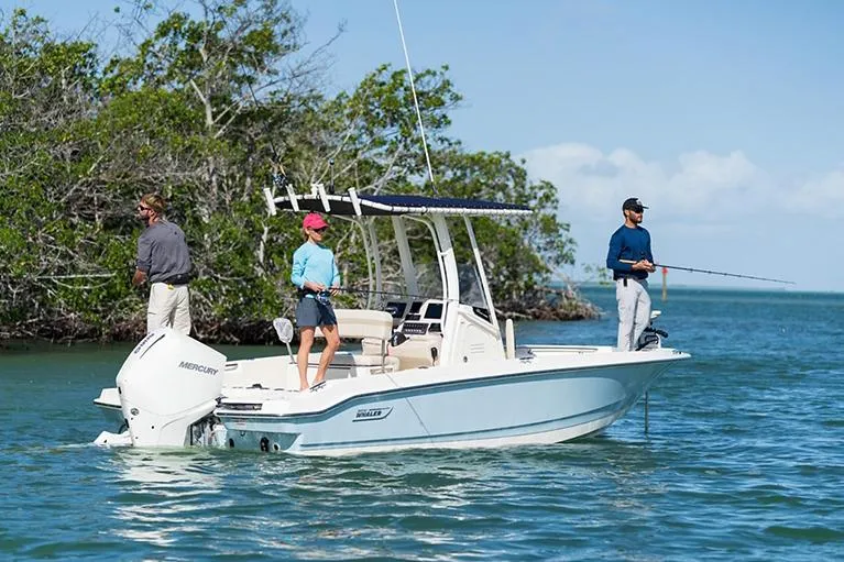 Slide: The Image of Manufacturer Provided Image: 2026 Boston Whaler 220 Dauntless boat with people fishing in calm waters. - 2