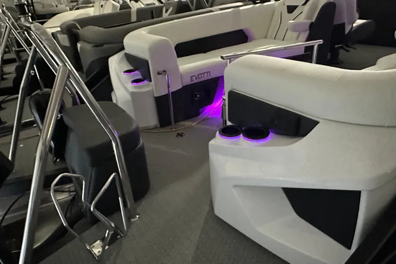 Slide: The Image of Luxurious 2026 Evotti 723 QL boat interior with modern seating and ambient lighting. - 20