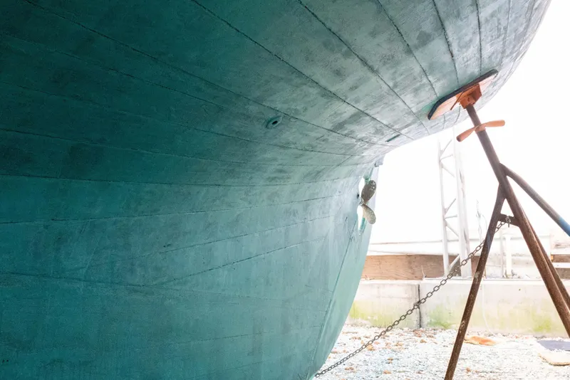Slide: The Image of Underwater view of 1965 Concordia 39 boat hull on dry dock. - 13