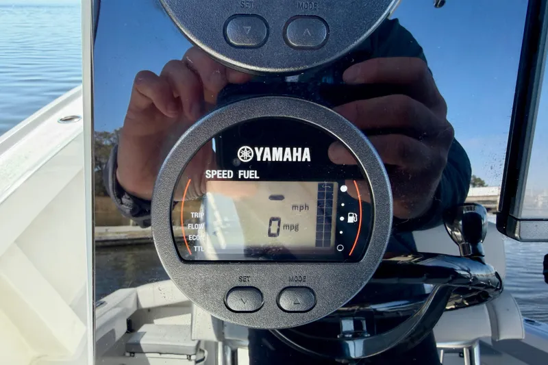 Slide: The Image of Yamaha speed fuel gauge on 2024 Parker 2100 Special Edition boat dashboard. - 12