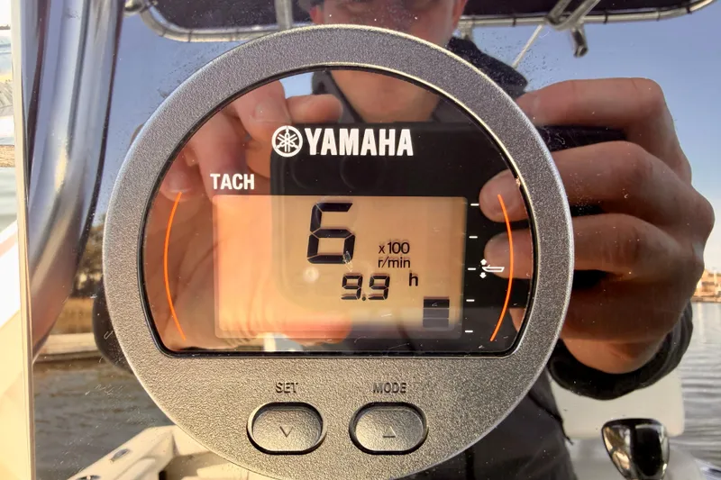 Slide: The Image of Close-up of Yamaha tachometer on 2024 Parker 2100 Special Edition boat. - 13