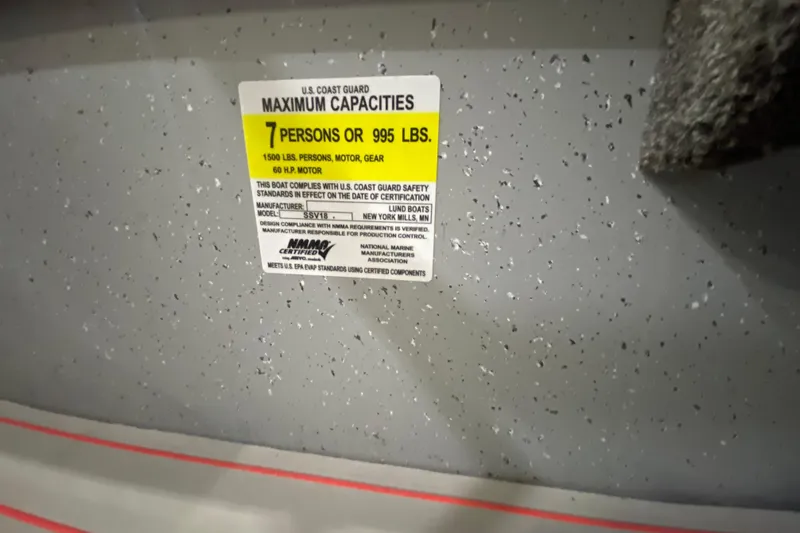 Slide: The Image of 2021 Lund SSV-18 capacity label: 7 persons or 995 lbs, 60 HP motor. - 12