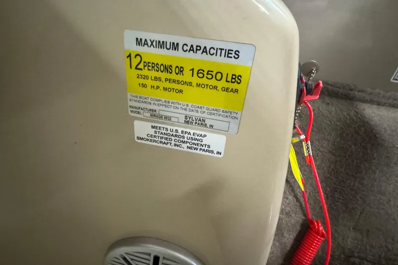 Slide: The Image of 2018 Sylvan Mirage Fish 8522 Party Fish capacity label, 12 persons or 1650 lbs. - 13