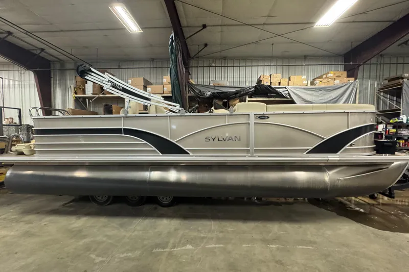 Slide: The Image of 2018 Sylvan Mirage Fish 8522 Party Fish pontoon boat in warehouse setting. - 3