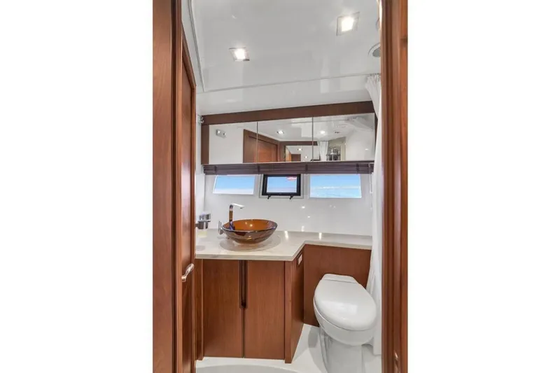 Slide: The Image of Luxurious bathroom interior of 2017 Galeon 445 HTS yacht with modern fixtures and ocean view. - 28