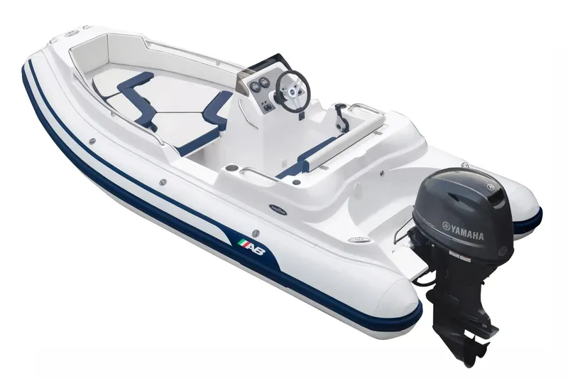 The Image of 2026 AB Inflatables Nautilus 15 DLX boat with Yamaha outboard motor, white and blue design. - 0