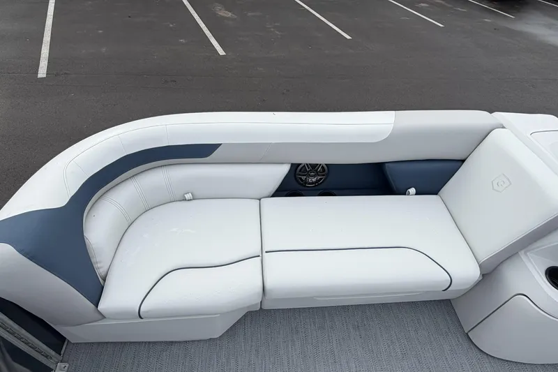Slide: The Image of Luxurious seating on 2026 Godfrey Sweetwater 2086 C pontoon boat, featuring sleek white upholstery. - 9