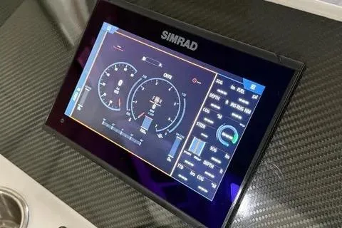 Slide: The Image of Simrad display on 2024 Highfield Sport 520, showcasing navigation and performance metrics. - 7