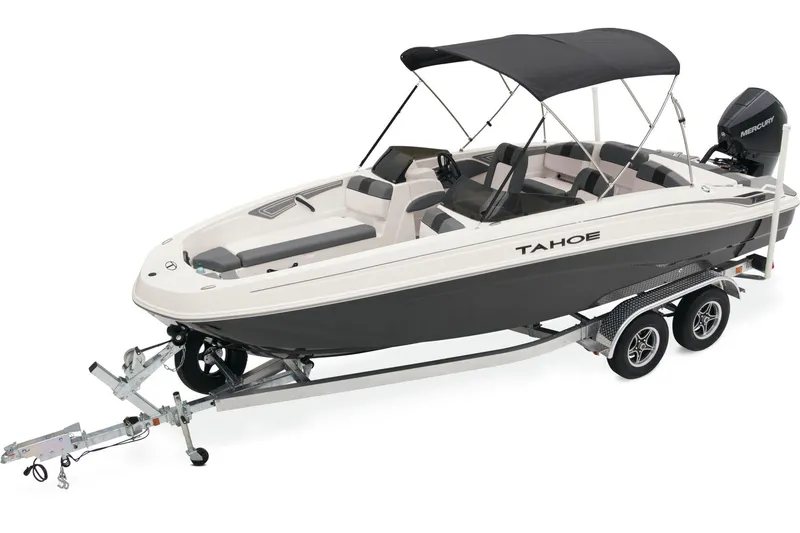 Slide: The Image of Manufacturer Provided Image: 2025 Tahoe T21 boat on trailer with canopy, sleek design, dual-axle trailer. - 3