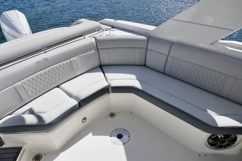 Slide: The Image of 2020 Sea Ray SLX 310 Outboard boat with luxurious seating and elegant design. - 16