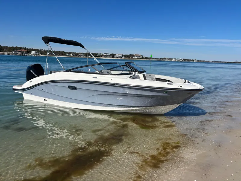 Slide: The Image of 2024 Sea Ray SPX 210 Outboard on beach, sunny day. - 45