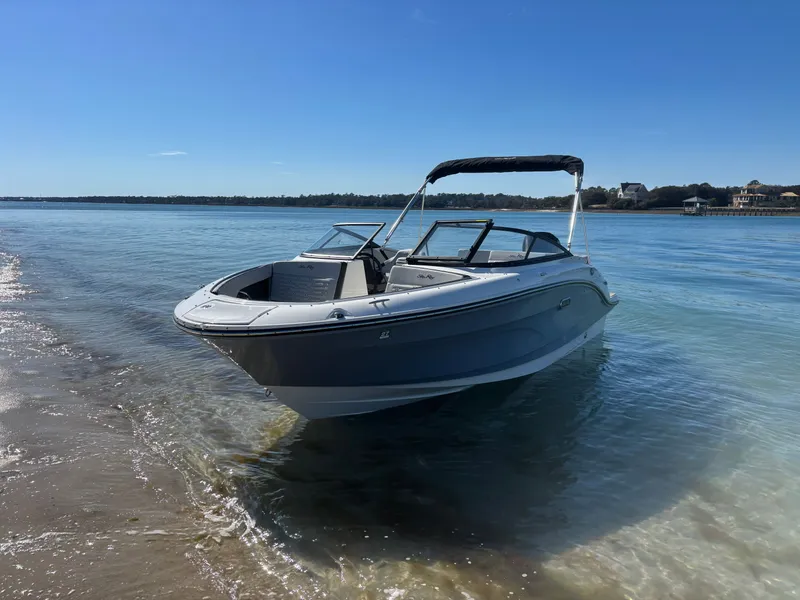 Slide: The Image of 2024 Sea Ray SPX 210 Outboard on beach under clear sky. - 46