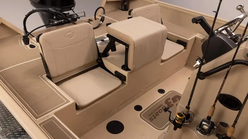 Slide: The Image of Interior of 2026 G3 Bay 20 boat model with fishing rods. - 21