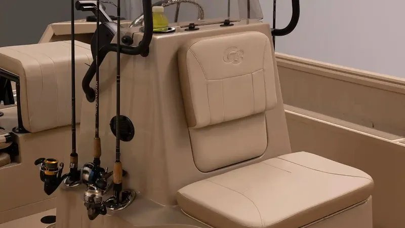 Slide: The Image of Interior of G3 Bay 20 boat, 2026 model, featuring fishing rod holders. - 22