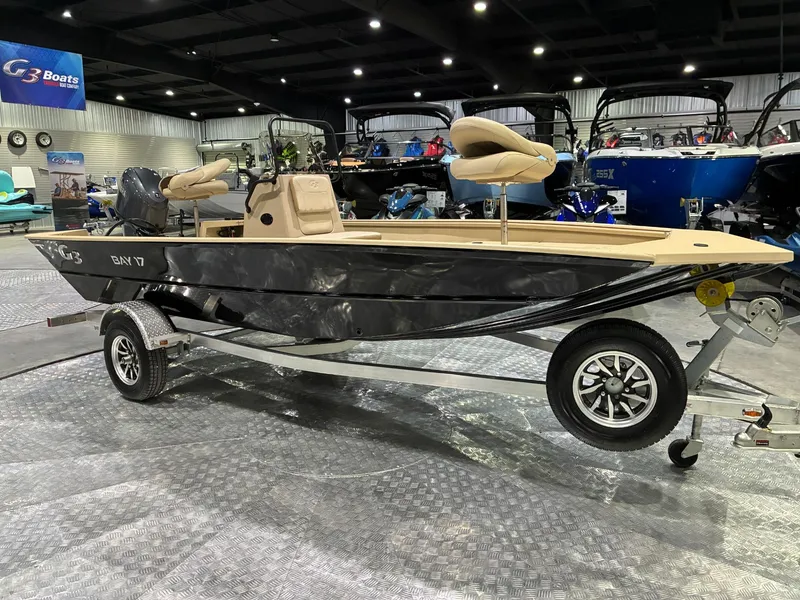 Slide: The Image of 2026 G3 Bay 17 boat on trailer in showroom. - 6