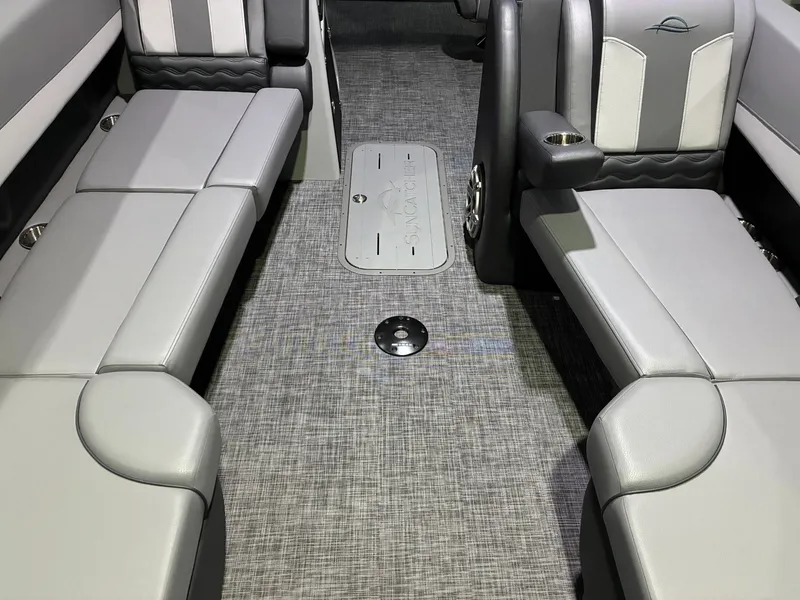 Slide: The Image of Interior of 2026 SunCatcher Elite 326 SL with gray seating. - 4