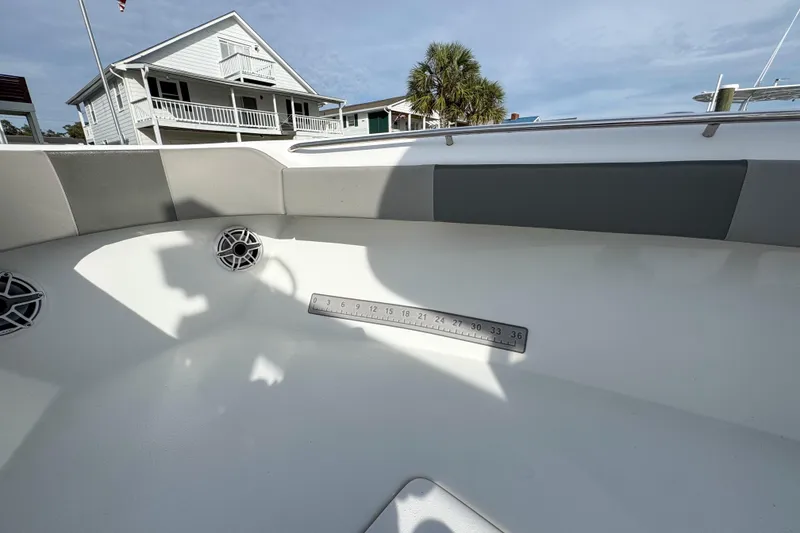 Slide: The Image of 2021 Cape Horn 31 T boat interior with speakers and measurement scale. - 15