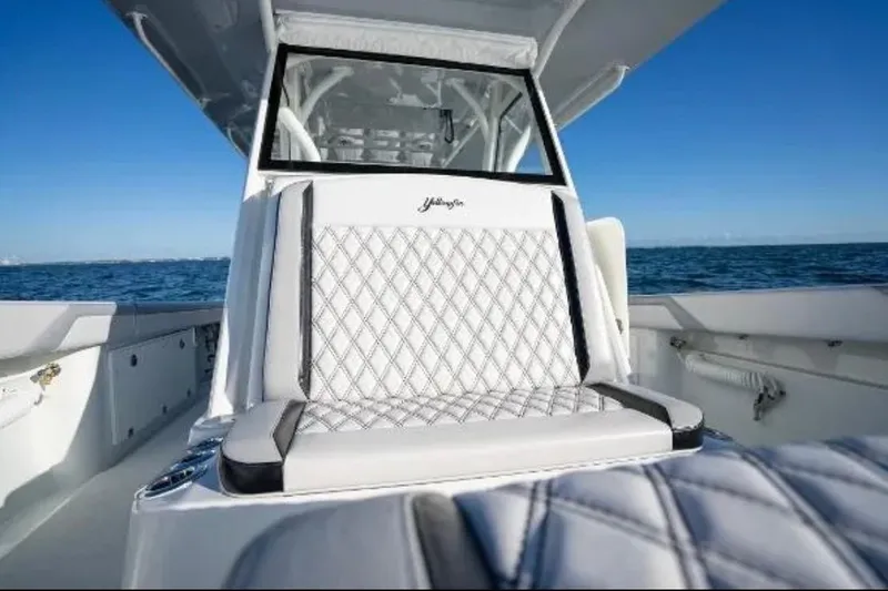 Slide: The Image of Aerial view of 2019 Yellowfin 39 Offshore boat cruising on open water. - 15