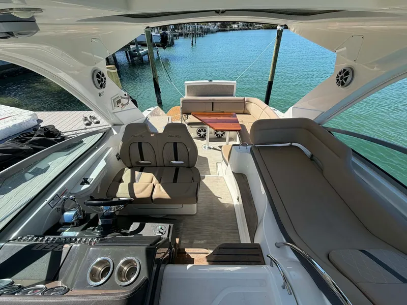 Slide: The Image of Interior of a 2016 Sea Ray Sundancer 350 yacht at the dock. - 21