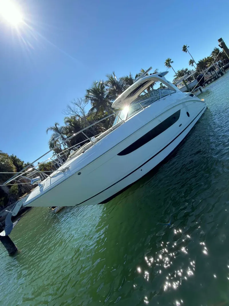 Slide: The Image of 2016 Sea Ray Sundancer 350 on sunny waters with palm trees in the background. - 3