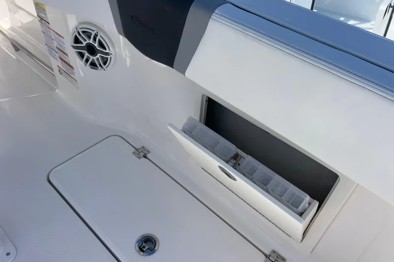 Slide: The Image of 2026 Robalo R250 Center Console boat interior with storage compartment and speaker. - 15