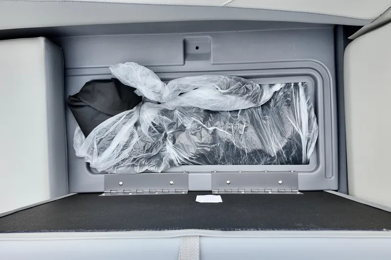 Slide: The Image of Storage compartment of 2026 Sylvan A-22 LZ DH SPORT boat, containing wrapped items. - 13