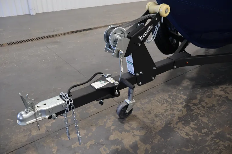 Slide: The Image of Trailer hitch of 2021 Lund 1650 Angler Sport boat, featuring chains and winch. - 29