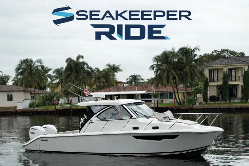 The Image of 2025 Pursuit OS 325 Offshore boat on water, with Seakeeper Ride logo above. - 0